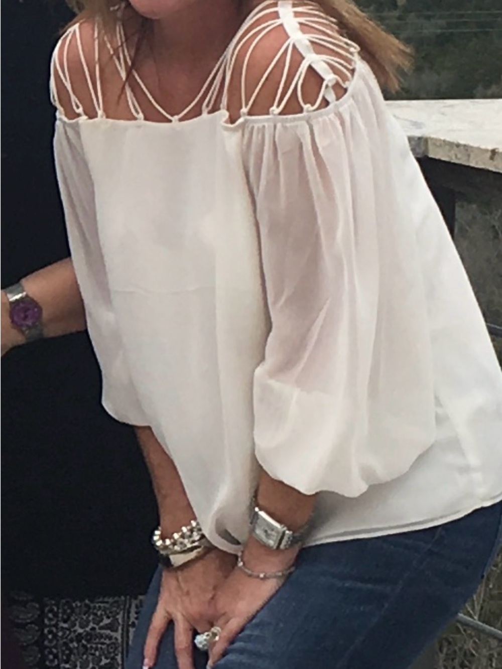 Express White Off-Shoulder Blouse with Macramé Strap Detail
